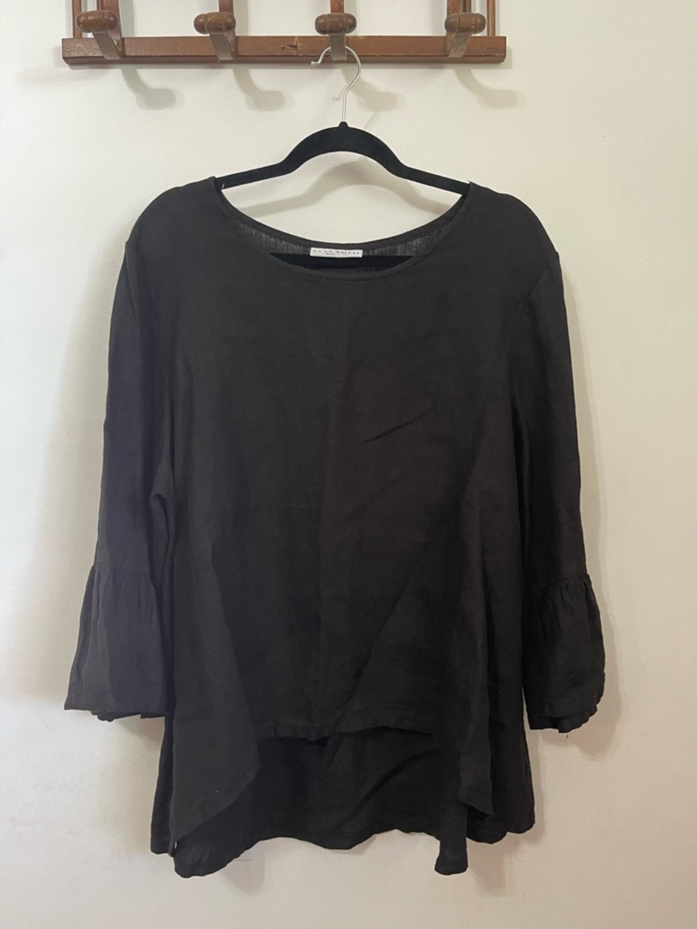Bryn Walker black linen blouse with ruffled bell sleeve
